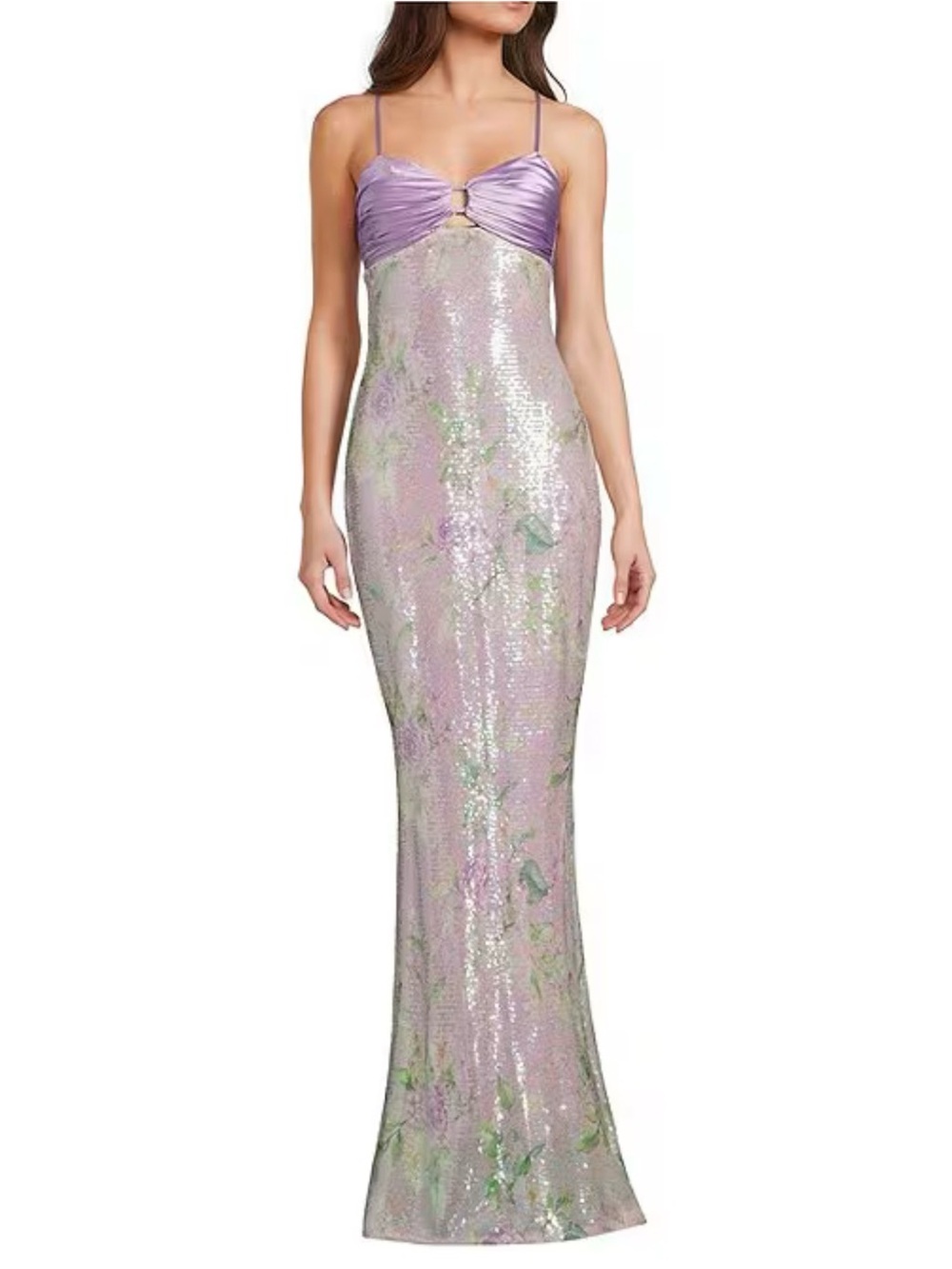 City Vibe Floral Printed Sequin Pleated Twist Keyhole Front Slim Long Dress